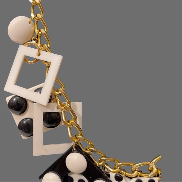 Vintage Statement Geometric Black and White Shapes Gold Tone Necklace 26” Length - Picture 3 of 5